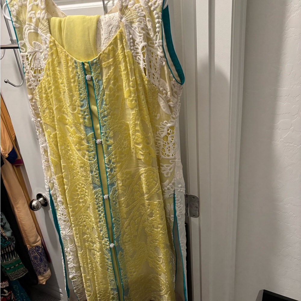 Vibrant Yellow Lace Midi Dress with Teal Trim Kurta - 2piece